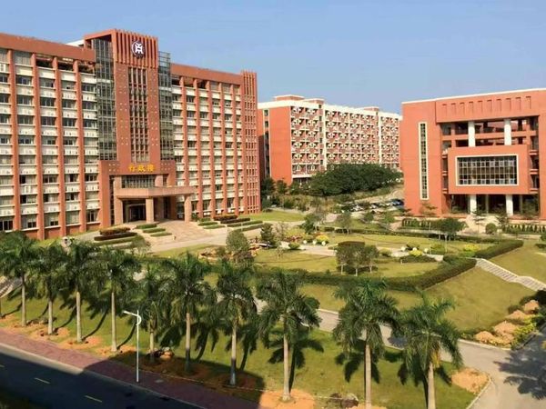 Edifícios de uma universidade chinesa rodeados de jardins e palmeiras